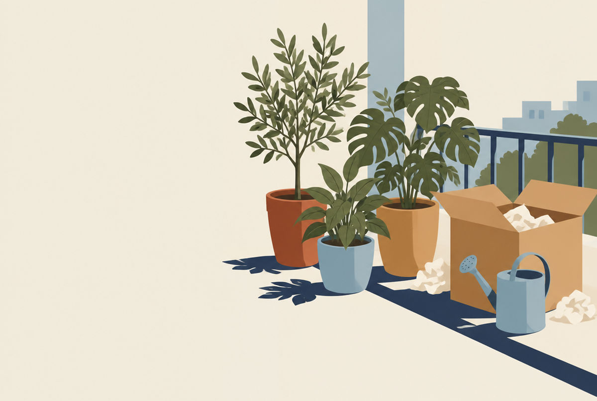 Растения, распакованные на пустом балконе