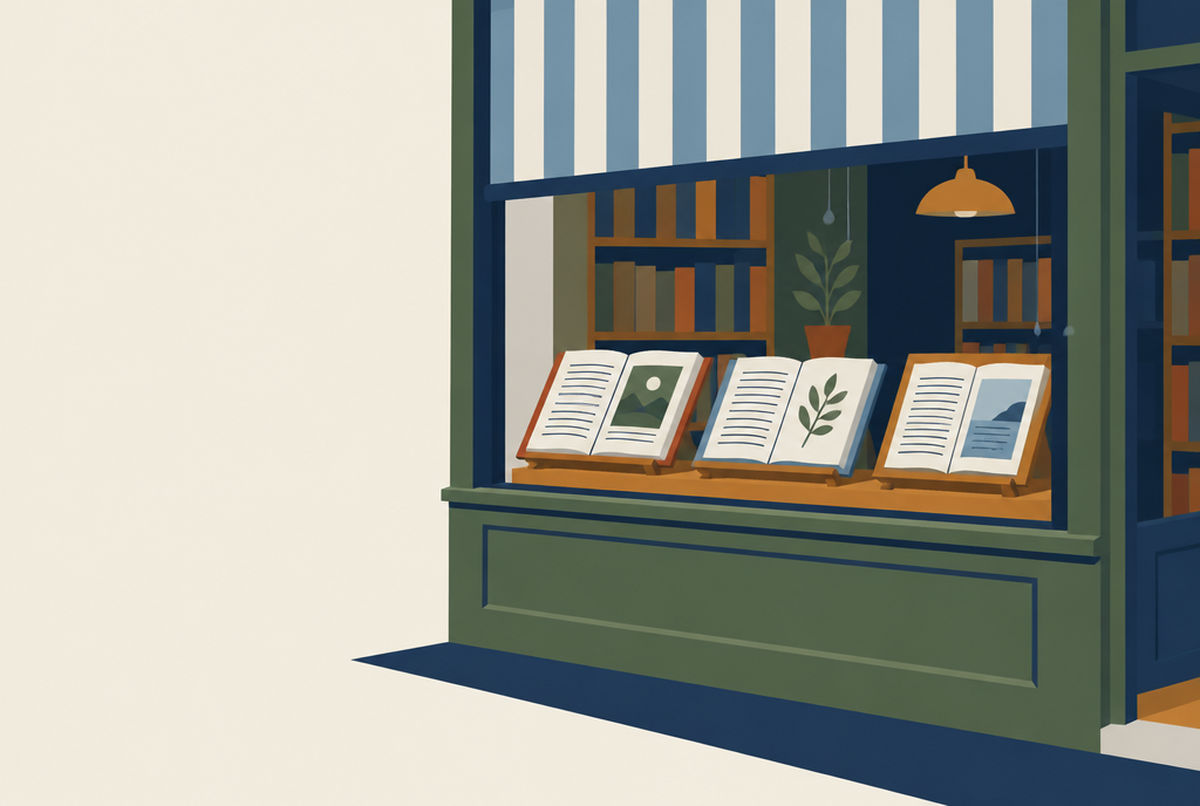 Витрина книжного магазина с раскрытыми книгами