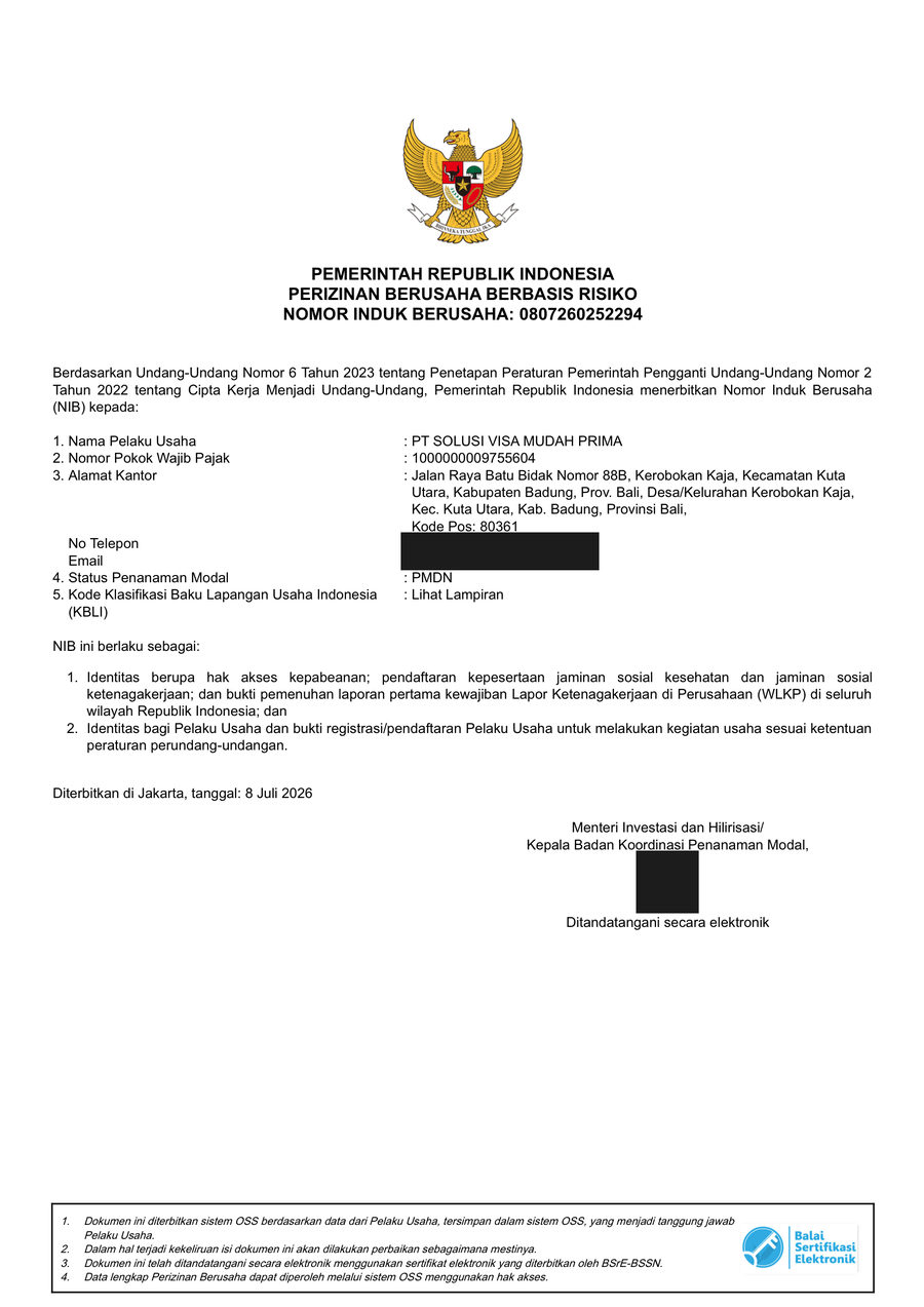 Первая страница свидетельства NIB компании PT Solusi Visa Mudah Prima: телефон, почта и QR-код закрыты