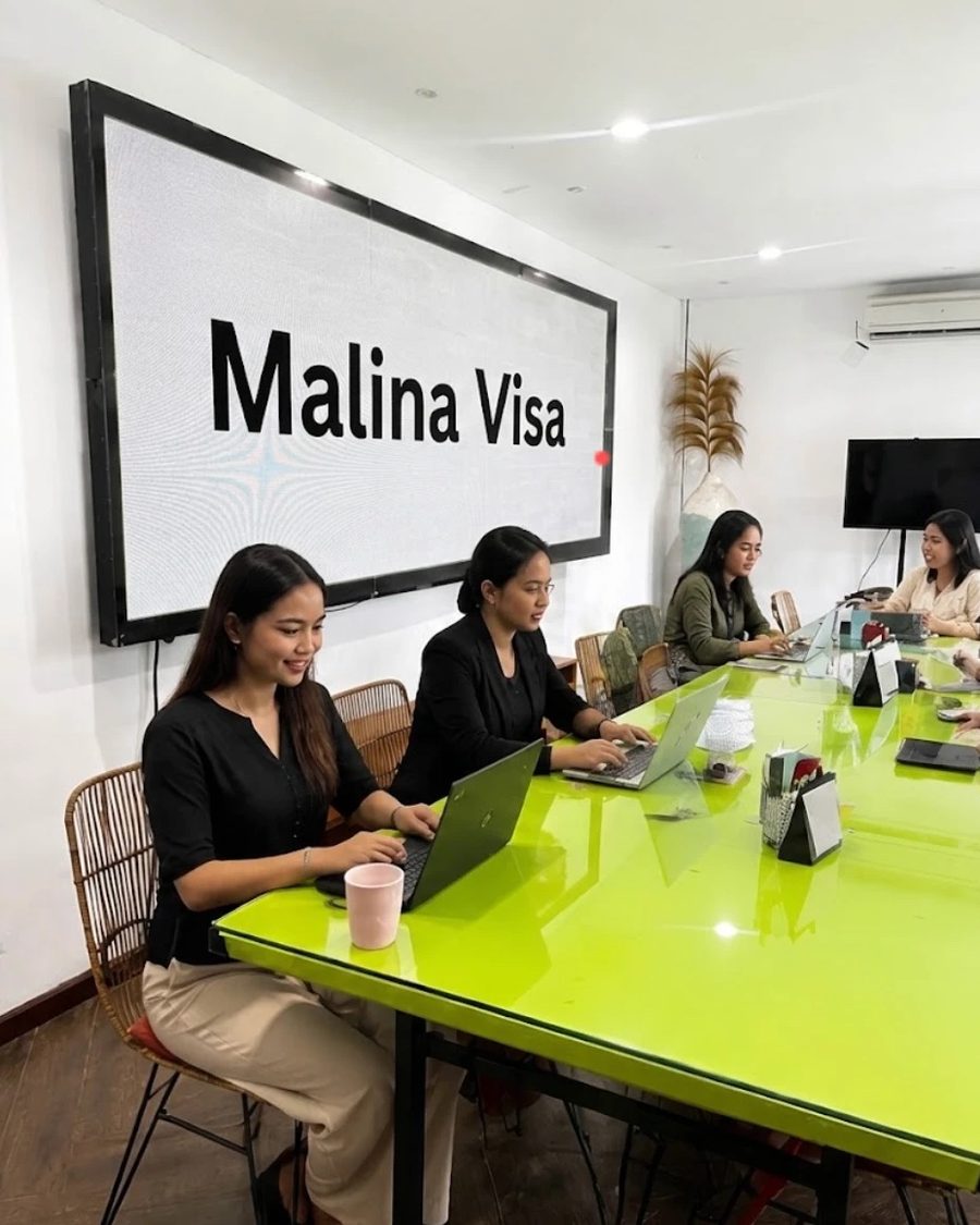 Сотрудницы Malina Visa работают в офисе на Бали, на стене экран с названием компании